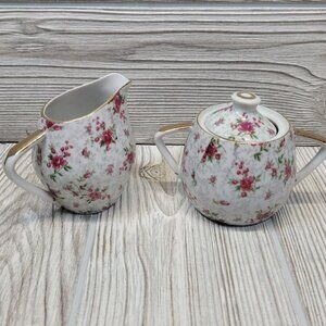 Pink Roses‎ Sugar And Creamer Gold Trim Tea Cottage Core Vintage Boho Chic READ